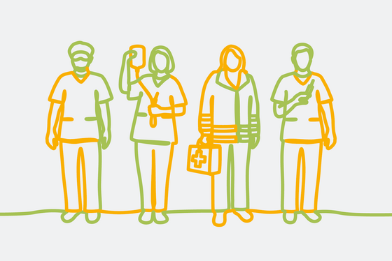 Grafische Darstellung von vier Personenen in medizinisch-pflegerischer Funktionskleidung mit einem Arztkoffer und Infusionsset Grafische Darstellung von vier Personenen in medizinisch-pflegerischer Funktionskleidung mit einem Arztkoffer und Infusionsset