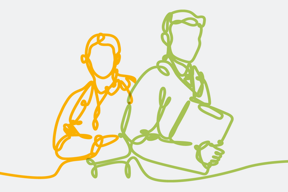 Grafische Darstellung von zwei Personen in Funktionskleidung mit Stethoskop und Arztmappe als orange-grüne Bändergrafik Grafische Darstellung von zwei Personen in Funktionskleidung mit Stethoskop und Arztmappe als orange-grüne Bändergrafik