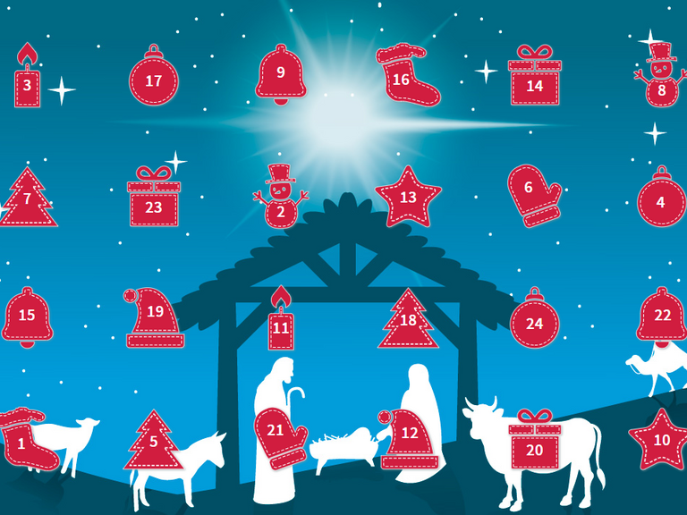 Startseite des digitalen Adventskalenders mit dem Krippenbild als Hintergrund und den roten Türchen in unterschiedlichen Symbolen, Türchen öffnen, Adventszeit, 24 Tage bis Weihnachten, Immanuel Albertinen Diakonie Startseite des digitalen Adventskalenders mit dem Krippenbild als Hintergrund und den roten Türchen in unterschiedlichen Symbolen, Türchen öffnen, Adventszeit, 24 Tage bis Weihnachten, Immanuel Albertinen Diakonie