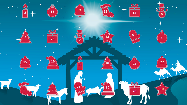 Startseite des digitalen Adventskalenders mit dem Krippenbild als Hintergrund und den roten Türchen in unterschiedlichen Symbolen, Türchen öffnen, Adventszeit, 24 Tage bis Weihnachten, Immanuel Albertinen Diakonie Startseite des digitalen Adventskalenders mit dem Krippenbild als Hintergrund und den roten Türchen in unterschiedlichen Symbolen, Türchen öffnen, Adventszeit, 24 Tage bis Weihnachten, Immanuel Albertinen Diakonie