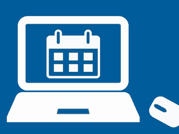 Grafische Darstellung eines Laptops auf blauem Grund mit einer Computermaus als Hinweis auf Terminbuchung via Samedi